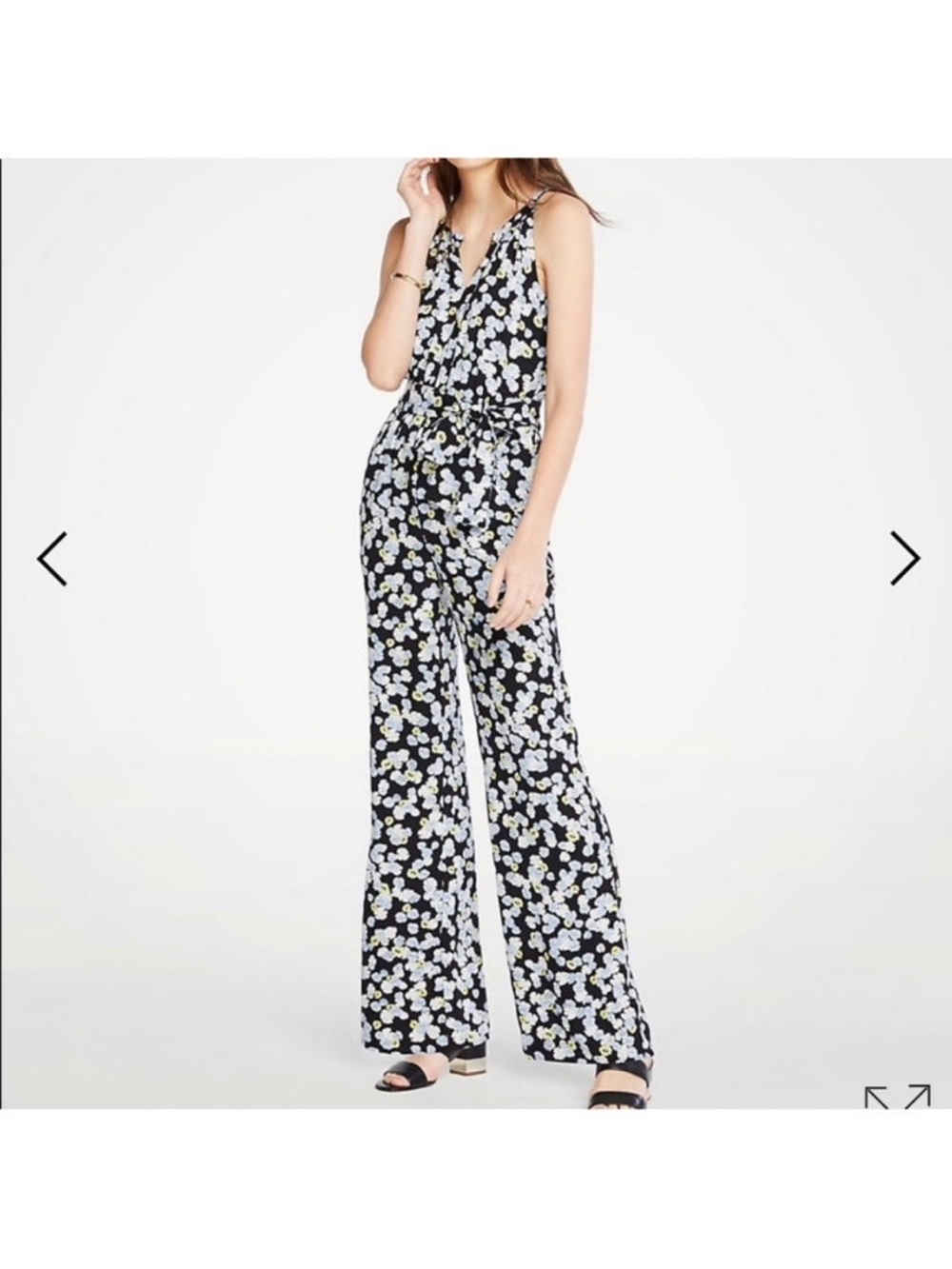 Black Floral V-Neck Wide-Leg Jumpsuit with Self-Tie Waist